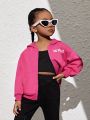 SHEIN Kids Cooltwn Young Girl's Sporty Street Style Star Pattern Zip-Up Hoodie