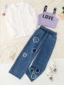 Tween Girl Letter Graphic Cami Top & Jeans & Shirt
