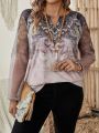 Fashionable Women'S Plus Size Notched V-Neck Printed Mesh Splicing Top