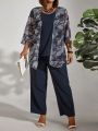 Plus Size Irregular Printed Sheer Shirt And Solid Color Pants Set