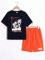 SHEIN Kids SUNSHNE Tween Boys' Casual Coconut Tree Print Round Neck Short Sleeve Loose Fit T-Shirt With Badge, Knitted Shorts Outfit Set For Vacation