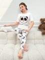 Teen Girls' Cute Panda & Letter Print Tight Homewear Set 2pcs