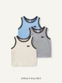 Cozy Cub Baby Boy Colorblock Vest Shirt With Embroidery Detail And Round Neck, 3pcs/Set
