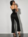 SHEIN BAE Black Exquisite Rhinestone Chain Side Hollow Out Cross Design Night Club Party V-Neck Flare Jumpsuit For Going Out, Summer, Vintage