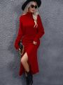 High Neck Drop Shoulder Sleeve Sweater Dress, Belt Not Included