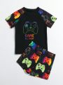 Little Boys' Video Game Console & Letter Print Short Sleeve Shorts Separate Swimwear