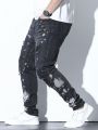 Men Plus Splash Ink Print Ripped Frayed Jeans