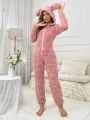 Women'S Plush Pajama Jumpsuit With Bear Pressed Design, Animal Ear And Fleece Material