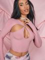 SHEIN BAE Pink Long Sleeve Knitted Close-Fitting Shirt With Hollow Out Chest, Christmas & New Year's Eve Outfit, Coquette T-Shirt