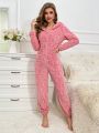 Cartoon Pattern Hooded Zipper Flannel Lounge Jumpsuit