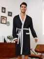 Men Contrast Trimmed Dual Pockets Belted Robe