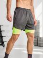 Men's Color Block Drawstring Waist Sport Shorts, 2 In 1 Style