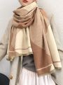 1pc Khaki Women Cashmere Feeling Color Block Long Shawl Scarf, Geometric Pattern Keep Warm Wool Fashion Scarf For Autumn Winter Daily Life Evening Dresses Travel Office Winter Wedding and gift