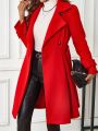 Woolen Coat With Large Lapel Collar, Waist Belt Design For Slim Waistline