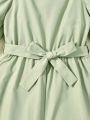 SHEIN Kids EVRYDAY Girls Flounce Sleeve Belted Wide Leg Jumpsuit