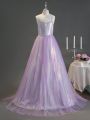 Teen Girl's Purple Sheer Long Prom Dress, Evening Gown