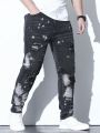 Men Plus Splash Ink Print Ripped Frayed Jeans