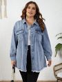 Plus Size Women'S Light Blue Water Wash Raw Edge Denim Jacket