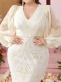 SHEIN Belle Plus Size Embroidered Beaded Dress With Bubble Sleeves And Fish Tail Hemline For Evening Party