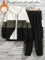SHEIN Kids EVRYDAY Boys' Casual Hooded Zip-up Plush Jacket And Color Block Pants Outfit Set, Winter