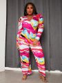 SHEIN Slayr Plus Size Women'S Full Print Jumpsuit With Leg Of Mutton Sleeves