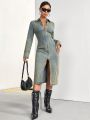 SHEIN ICON Long Sleeve Denim Shirt Dress With Zipper Front