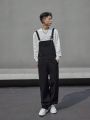 Manfinity Hypemode Loose Men's Solid Color Slant Pocket Denim Overalls Jumpsuit