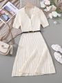 Teenage Girl's Ribbed Short Sleeve Sweater Dress With Ruffles