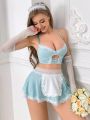 5Pcs/Set Maid French Lace Trim Role-Playing Costume, Including Bra, Mini Skirt, Headgear, And 2 Hand Sleeves
