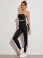 Striped Side Contrast Trim Cami Top With Sweatpants
