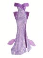 SHEIN Belle Women'S Off Shoulder Mermaid Style High Slit Sequined Lace Evening Dress
