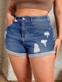 Plus Solid Ripped Roll Up Hem Denim Shorts
