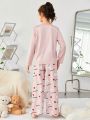 SHEIN 2pcs Teen Girls' Letter & Little Bear Pattern T-shirt And Pants Homewear