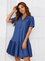 SHEIN LUNE Women's Denim Dress With Ruffle Hem And Notched Collar