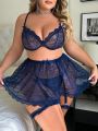 Plus Size Women'S Sexy Lace Lingerie Set Of 5 Pieces (With Underwire, Thong, Suspender Belt, 2 Garters)