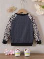 Little Girls' Letter Print Leopard Spliced Raglan Sleeve Round Neck Sweatshirt