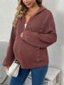 Maternity Zip Up Drop Shoulder Hooded Cable Knit Cardigan