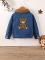 Young Boy Bear Patched Borg Collar Denim Jacket