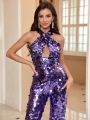 SHEIN Belle Sparkly Party Jumpsuit With Crossed Shoulder Straps, Front Hollow Out Detail And Back Tie