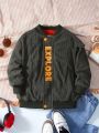 SHEIN Boys' Casual Comfortable Embroidered English Logo Fleece Baseball Jacket