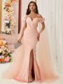SHEIN Belle Off-Shoulder Sleeves, Chest Cross, Back Strap, 3d Floral Embellishment, Satin Embellished Tulle Fabric, Slit Hem, Small Train, Evening Gown