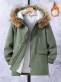 SHEIN Boys' Inner Plush Lined Parka Jacket With Flip Pocket, Warm Winter Coat