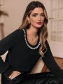 SHEIN Frenchy Fuzzy Sweater With Rhinestone And Pearl Embellishments
