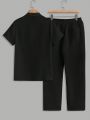 SHEIN Men Solid Half Button Shirt & Drawstring Waist Pants