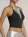KUNSHENG Rhinestone Fringe Trim Crop Halter Top