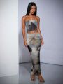 SHEIN BAE Women's Marble Tie Dye Print Bandeau Top & Wrinkle Asymmetric Skirt Set For Summer