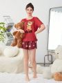 SHEIN Teen Girls' Knitted Adorable Bear Pattern Short Sleeve T-Shirt And Shorts Homewear