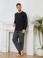 Men Solid Tee & Plaid Print Pants PJ Set