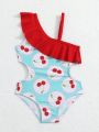 Infant Girls' Cherry Pattern One Piece Swimsuit With Ruffled Hem