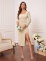 Contrast Sequin Lantern Sleeve Split Thigh Bridesmaid Dress